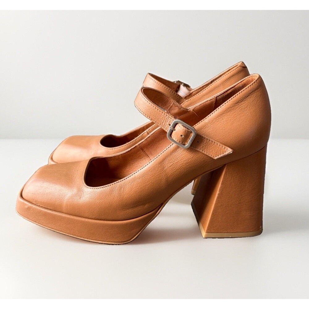 Angel Alarcon Zakia Mary Jane Platform Heels Brown Leather Square Toe Size 38 8
